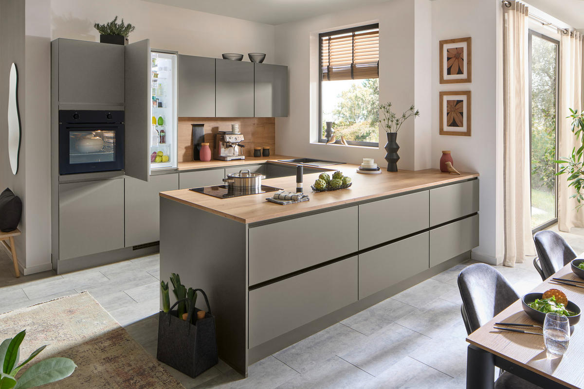 EINBAUKÜCHE   - Taupe/Eichefarben, Design, Holzwerkstoff - Celina