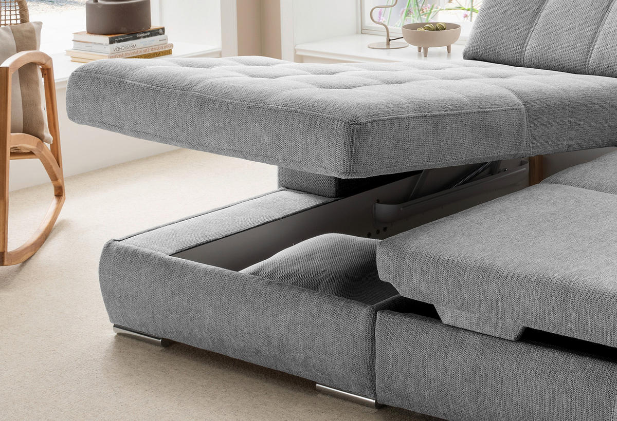 ECKSOFA FRIDO Dunkelgrau Chenille Bettkasten, Schlaffunktion, Kopfteilverstellung, Sitztiefenverstellung  - Chromfarben/Dunkelgrau, KONVENTIONELL, Textil/Metall (186/283cm) - Livetastic