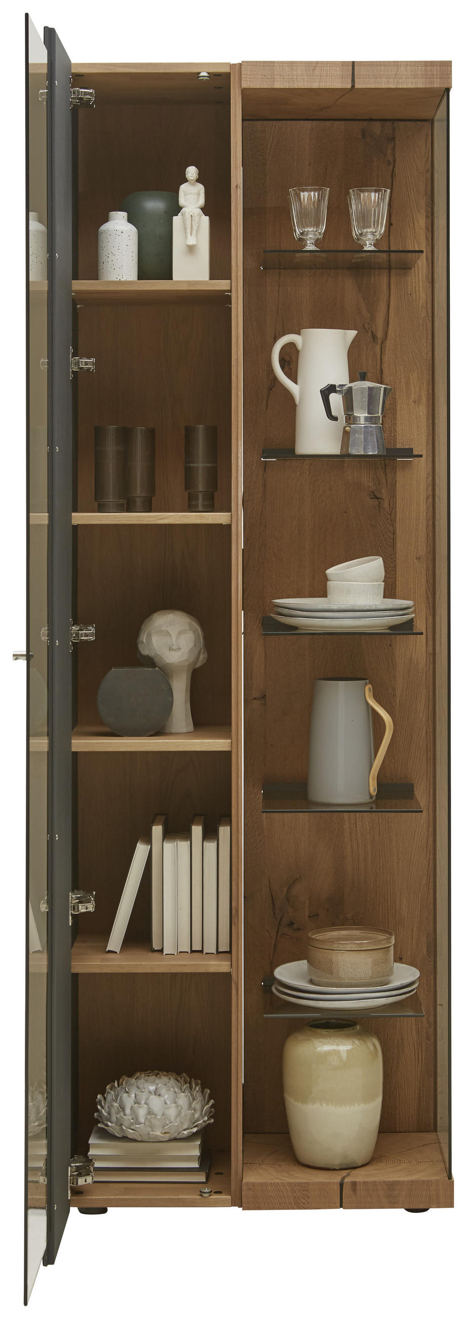 VITRINE  in vollmassiv Kerneiche Eichefarben, Titanfarben - Edelstahlfarben/Eichefarben, Natur, Glas/Holz (72/207/39cm) - Valnatura