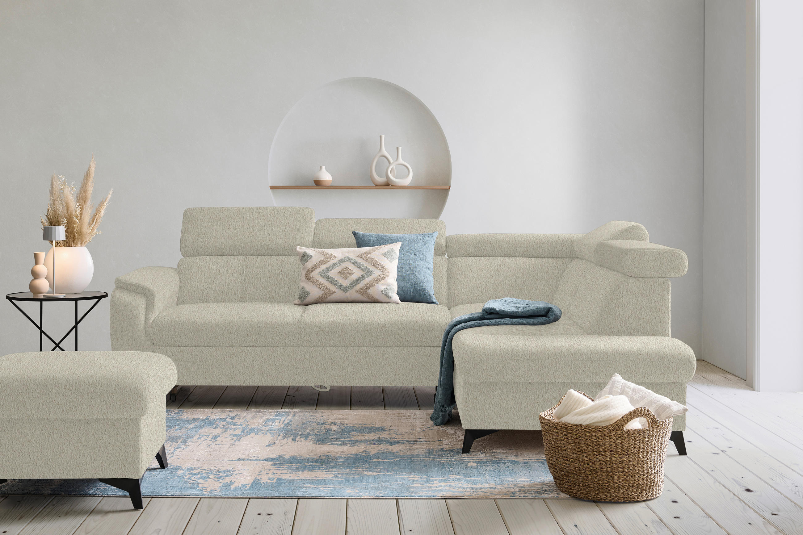 ECKSOFA in Teddystoff Ecru  - Ecru/Schwarz, Design, Textil/Metall (260/203cm) - Stylife