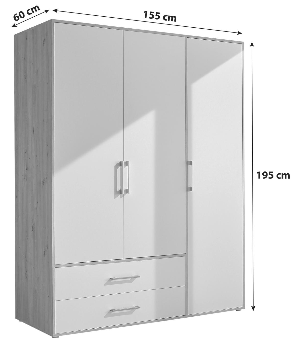 KLEIDERSCHRANK 155/195/60 cm 3-türig Weiß, Eiche San Remo  - Alufarben/Weiß, KONVENTIONELL, Holzwerkstoff/Kunststoff (155/195/60cm) - Boxxx
