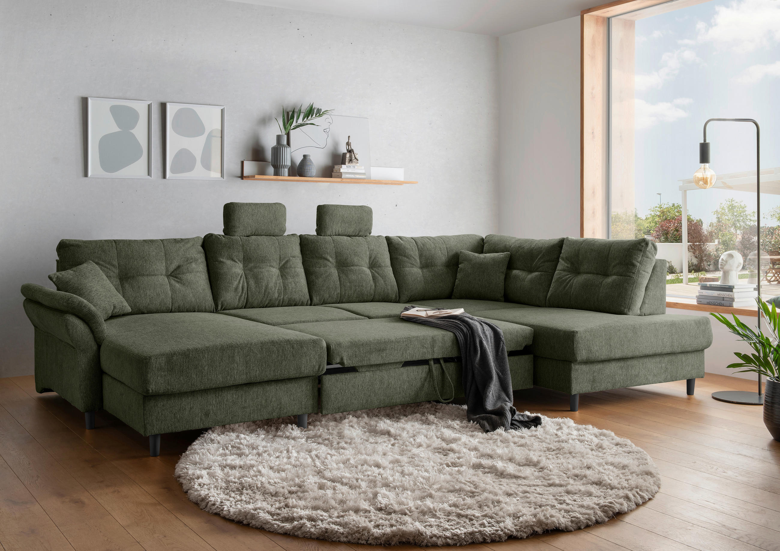 WOHNLANDSCHAFT in Chenille Dunkelgrün  - Dunkelgrün/Schwarz, Modern, Holz/Textil (176/338/206cm) - Livetastic