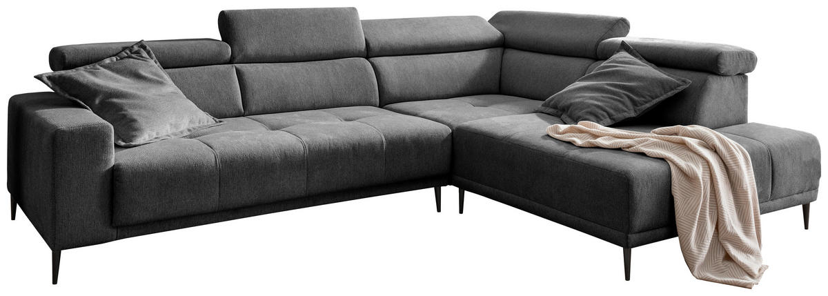 ECKSOFA INTERA Anthrazit Chenille Kopfteilverstellung, Sitzvorzug  - Anthrazit/Schwarz, KONVENTIONELL, Textil/Metall (305/225cm) - Livetastic