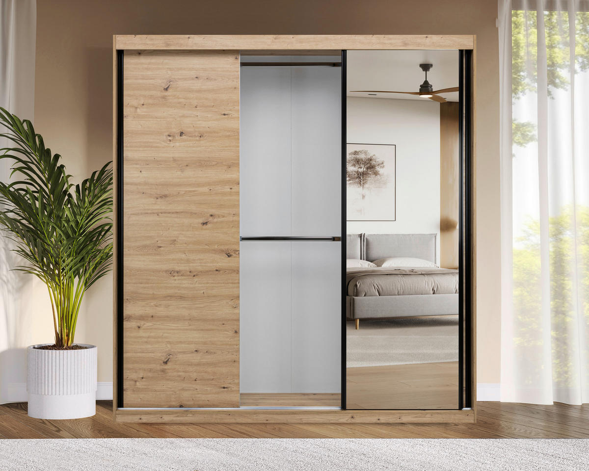 SCHIEBETÜRENSCHRANK 200/215/59,5 cm 3-türig Eiche Artisan  - Schwarz/Eiche Artisan, MODERN, Holzwerkstoff/Metall (200/215/59,5cm) - MID.YOU