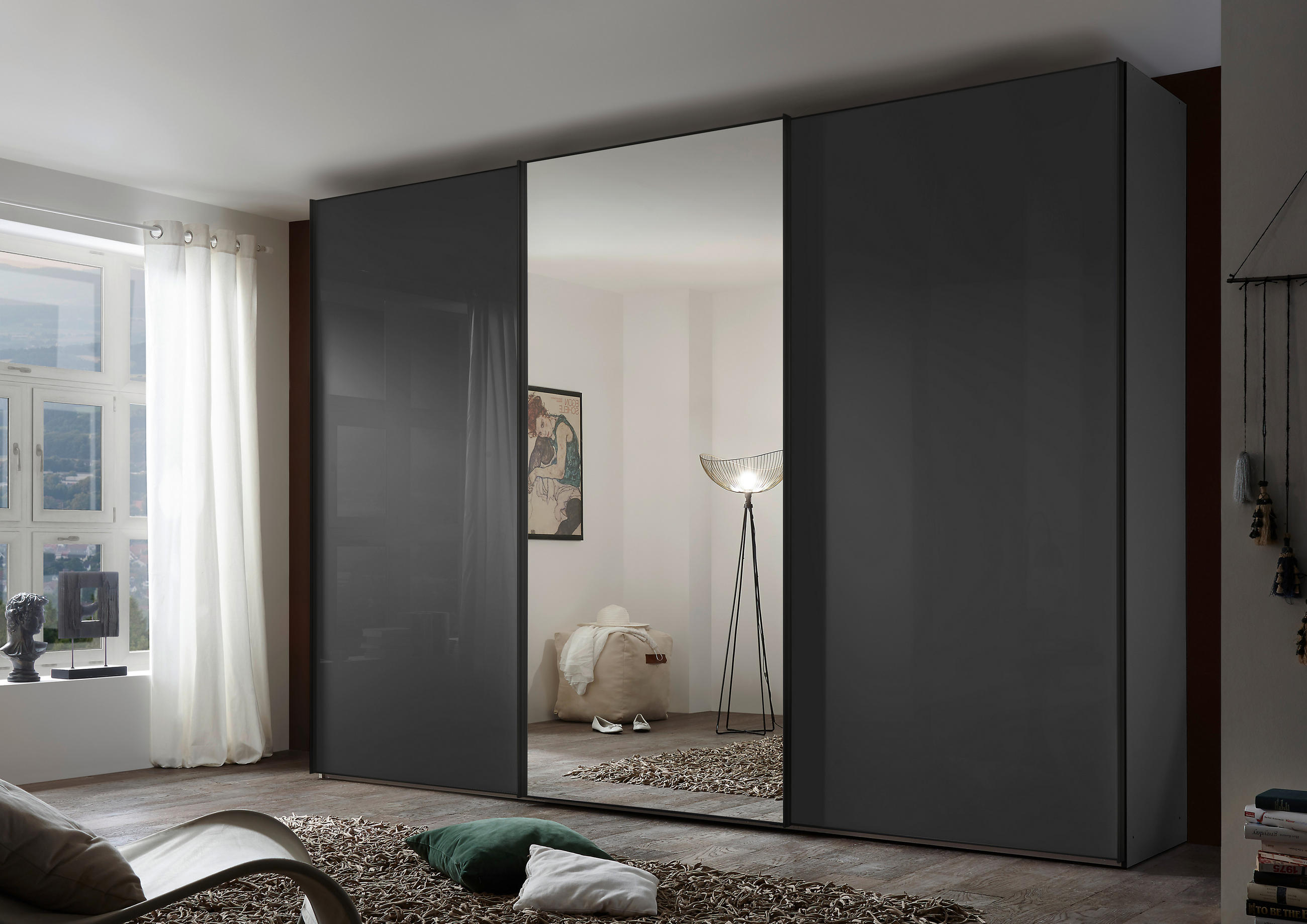 SCHWEBETÜRENSCHRANK 298/222/68 cm 3-türig Anthrazit  - Anthrazit/Schwarz, Design, Glas/Holzwerkstoff (298/222/68cm) - Moderano
