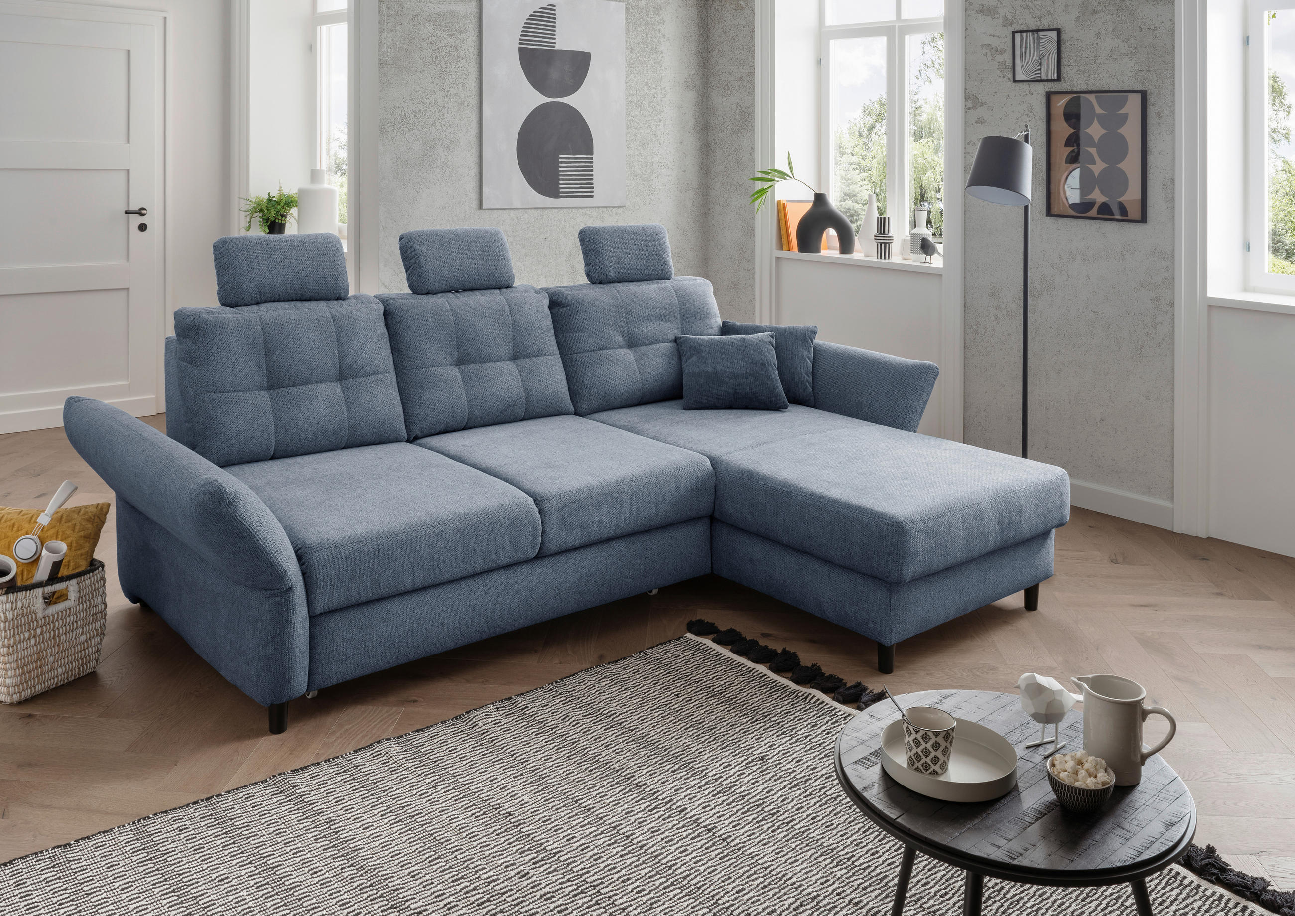 ECKSOFA in Chenille Hellblau  - Blau/Silberfarben, MODERN, Holz/Textil (250-280/176cm) - Livetastic