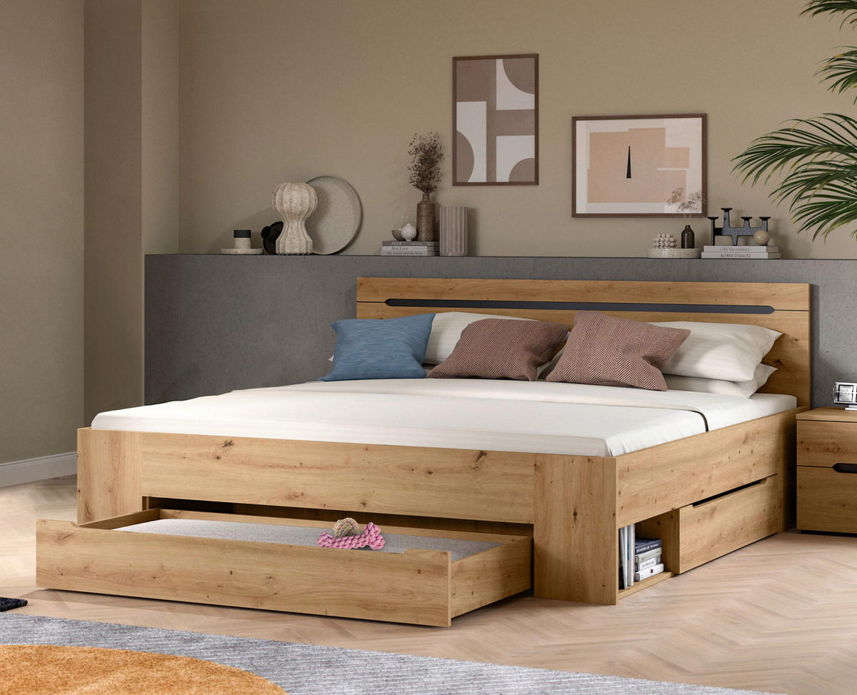 BETT 180/200 cm,  in Grau, Eiche Artisan, Bettschubladen,  - Eiche Artisan/Grau, MODERN (180/200cm) - MID.YOU