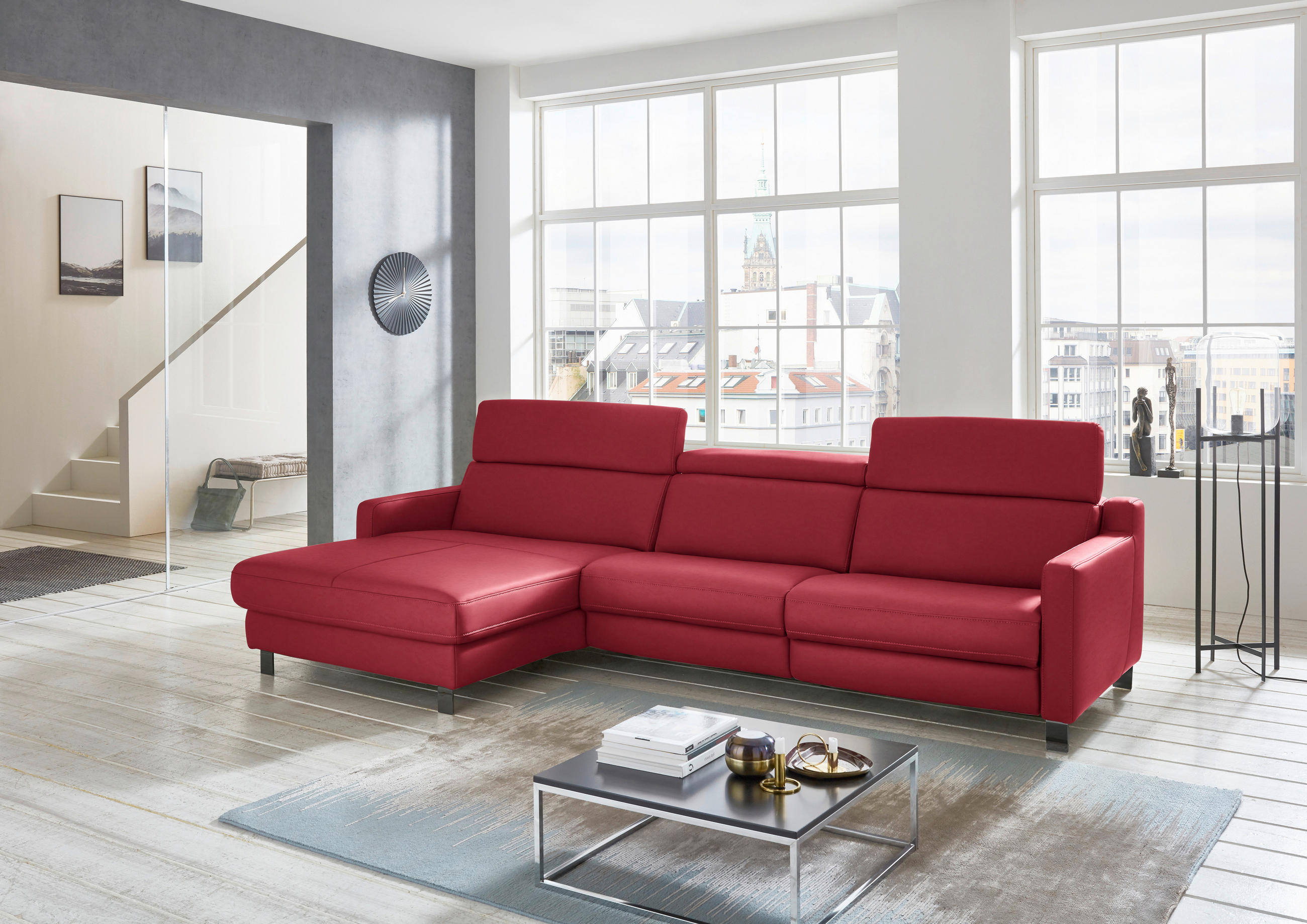ECKSOFA in Echtleder Rot  - Rot/Schwarz, Design, Leder/Metall (176/291cm) - Valdera