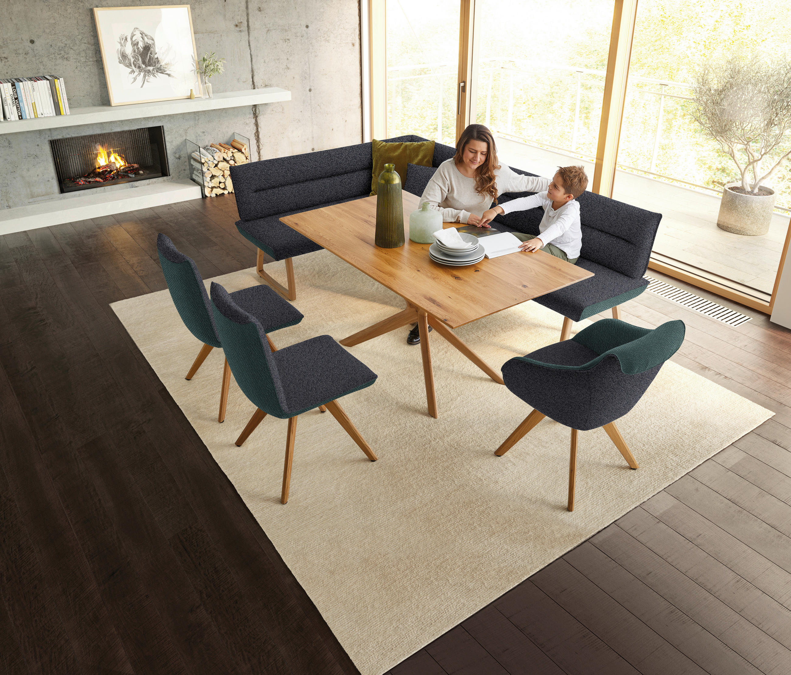 STUHL in Holz, Textil Petrol, Dunkelgrau  - Eichefarben/Dunkelgrau, Design, Holz/Textil (48/91/63cm) - Koinor