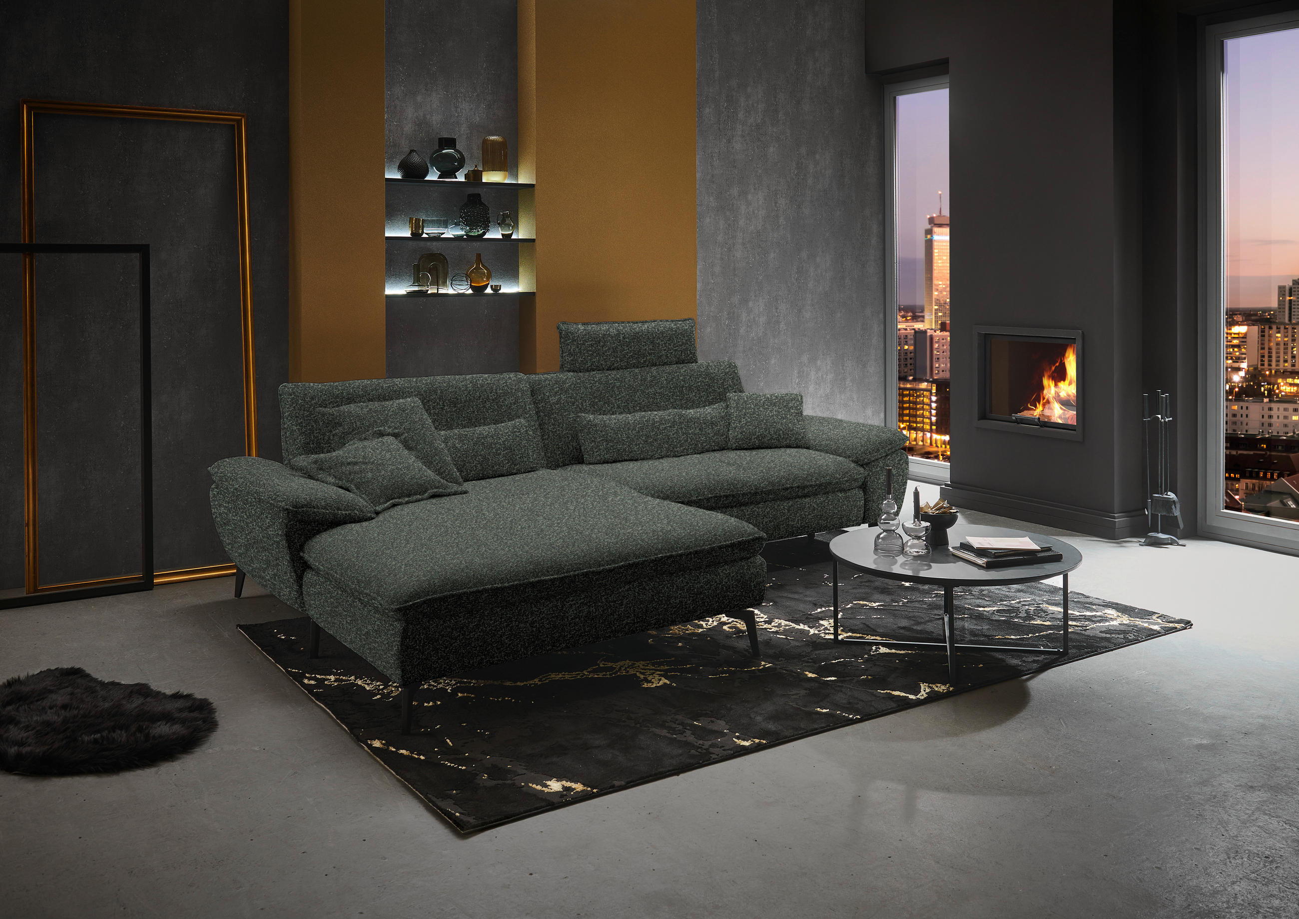 ECKSOFA in Webstoff Dunkelgrün  - Dunkelgrün/Schwarz, Design, Textil/Metall (197/295cm) - Valdera