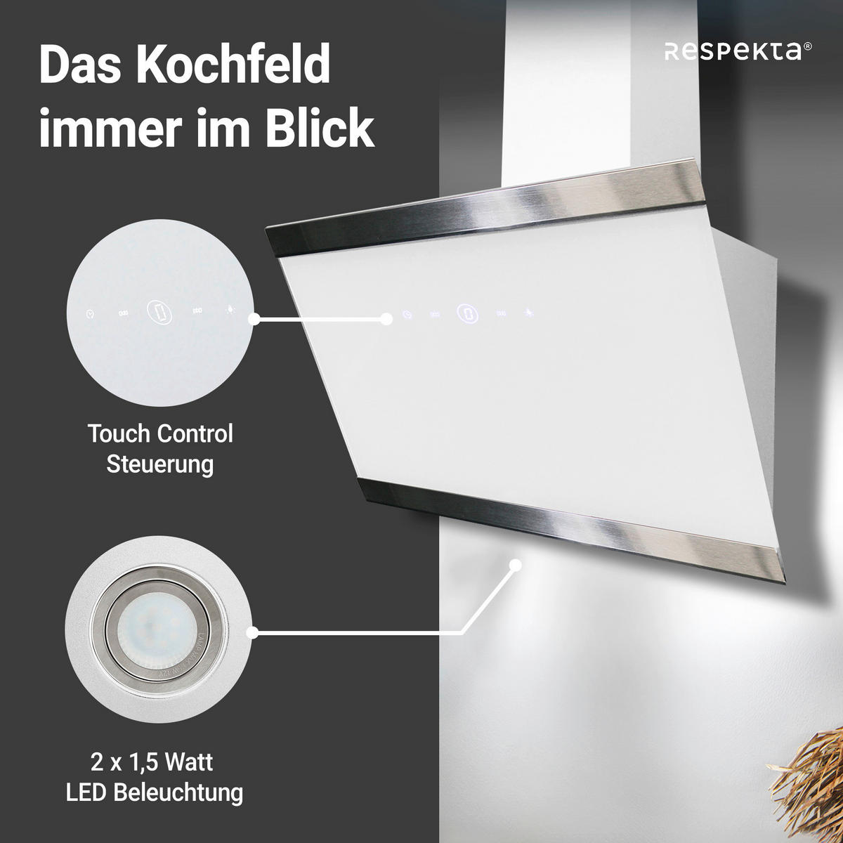 DUNSTABZUGSHAUBE CH89060W  - Weiß, Trend, Glas/Metall (59,5/74,2-109,2/38,5cm) - Respekta