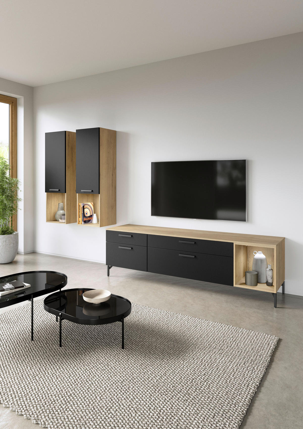 WOHNWAND  in Schwarz, Eichefarben  300/190/48,5 cm  - Eichefarben/Schwarz, Design, Holzwerkstoff/Metall (300/190/48,5cm) - Celina Home