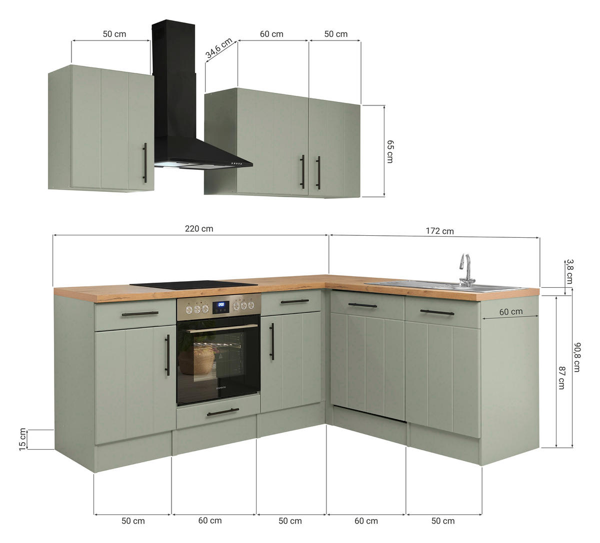 ECKKÜCHE 220/172 cm  in Wildeiche, Schilfgrün  - Schilfgrün/Wildeiche, Trend, Holzwerkstoff/Metall (220/172cm) - Respekta