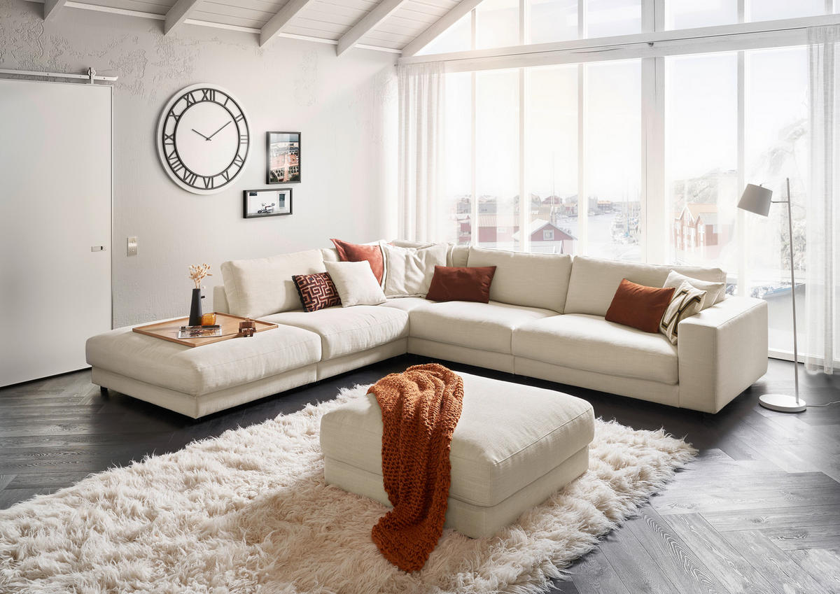 HOCKER in Textil Naturfarben, Weiss  - Weiss/Schwarz, Design, Kunststoff/Textil (100/44/100cm) - Pure Home Lifestyle