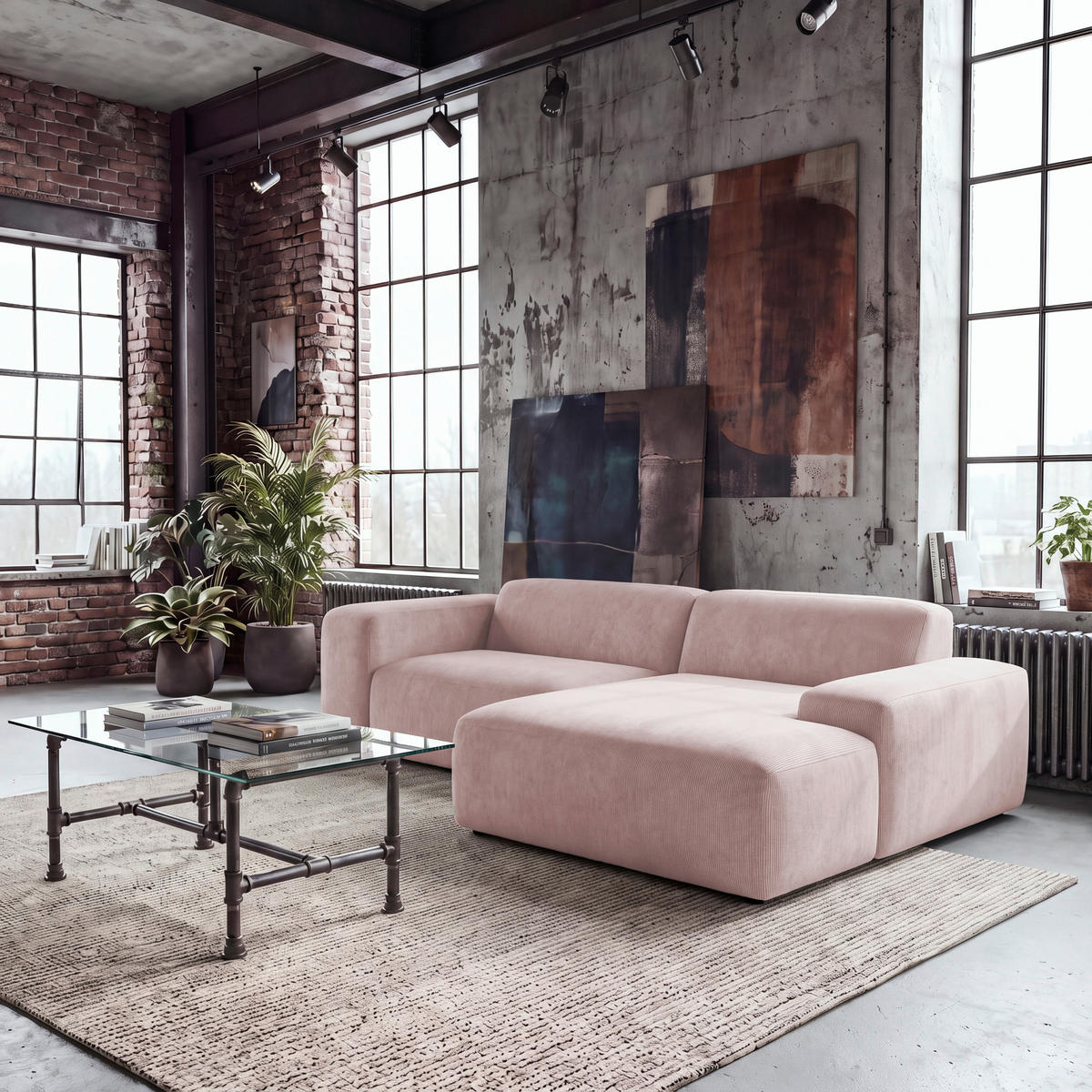 ECKSOFA HANNAH Rosa Cord  - Schwarz/Rosa, Design, Kunststoff/Textil (252/170cm) - MID.YOU