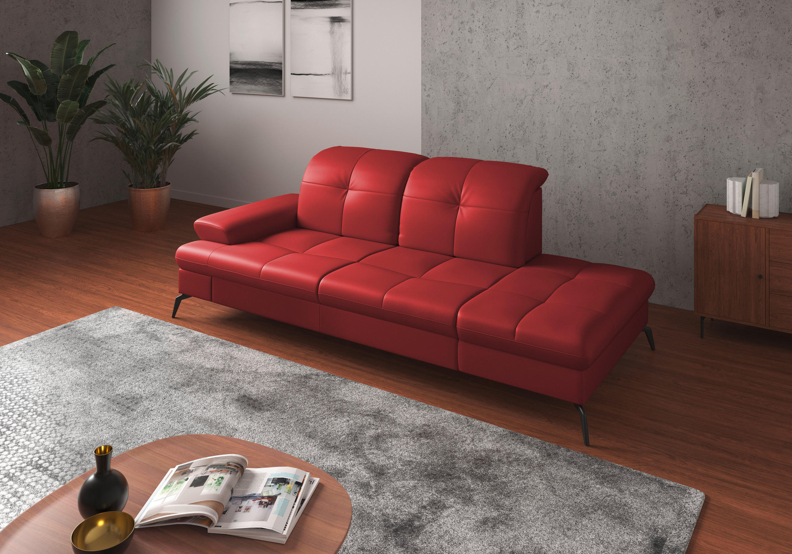RÉCAMIERE in Echtleder Rot - Rot/Schwarz, Konventionell, Leder/Metall (231/90/122cm) - Sit & More
