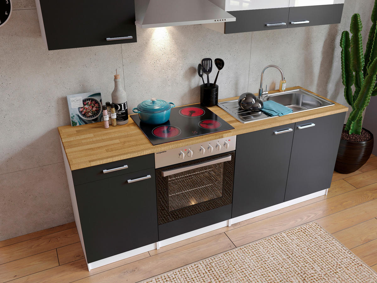 KÜCHENBLOCK 210 cm   in Grau  - Weiss/Edelstahlfarben, Basics, Holzwerkstoff/Metall (210cm) - Respekta