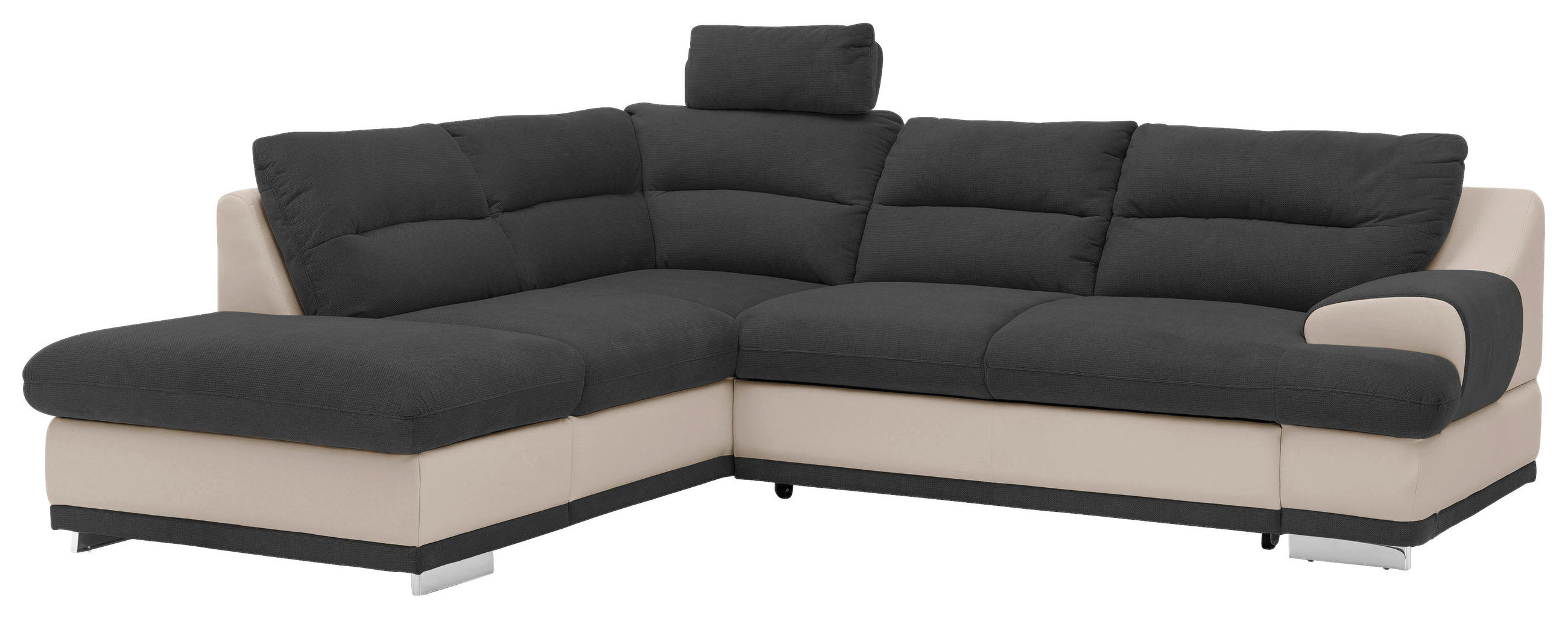 WOHNLANDSCHAFT Schwarz, Sandfarben Chenille Bettkasten, Schlaffunktion, Rücken echt, Kopfstütze  - Sandfarben/Chromfarben, KONVENTIONELL, Textil/Metall (217/264cm) - MID.YOU