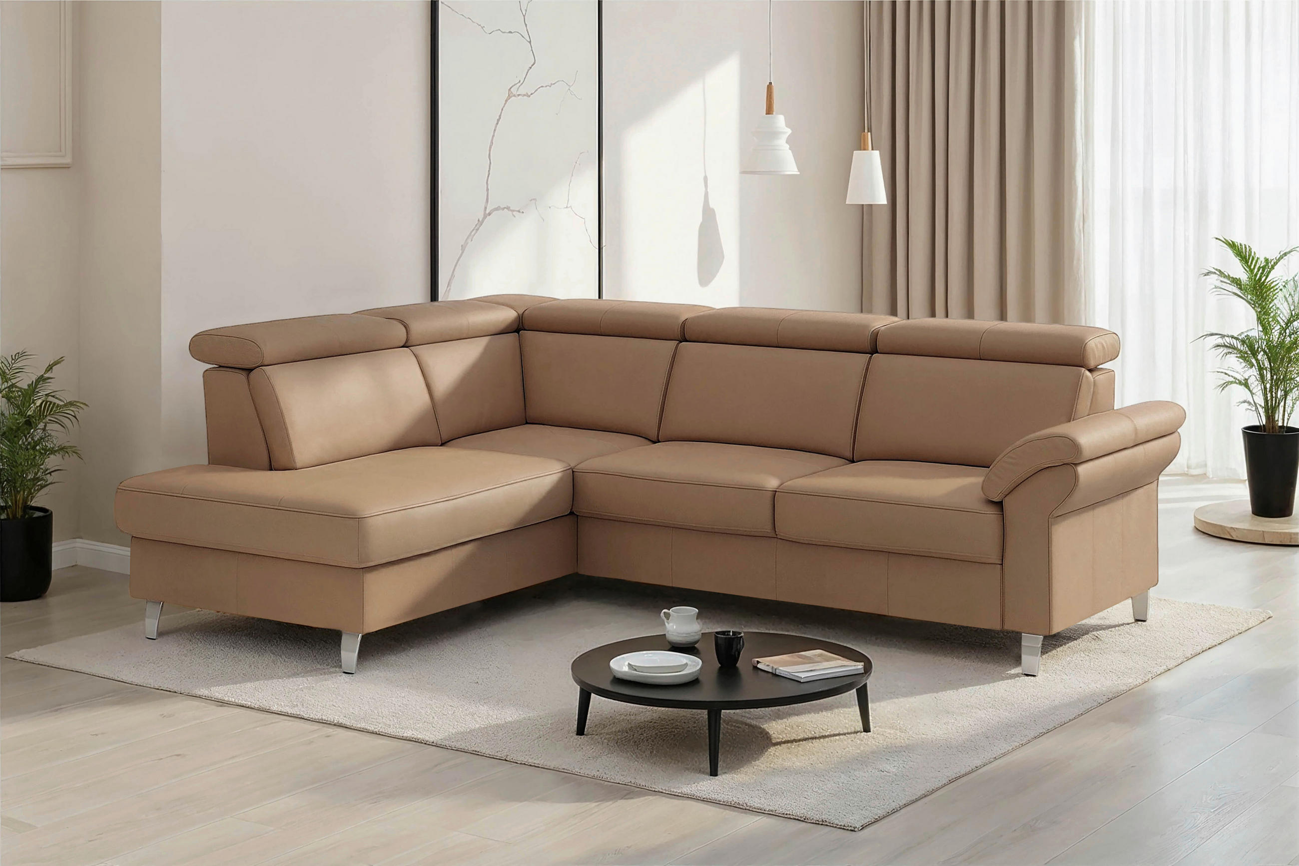 ECKSOFA  Echtleder Cappuccino  - Chromfarben/Cappuccino, Basics, Leder/Textil (194/245cm) - Sit & More