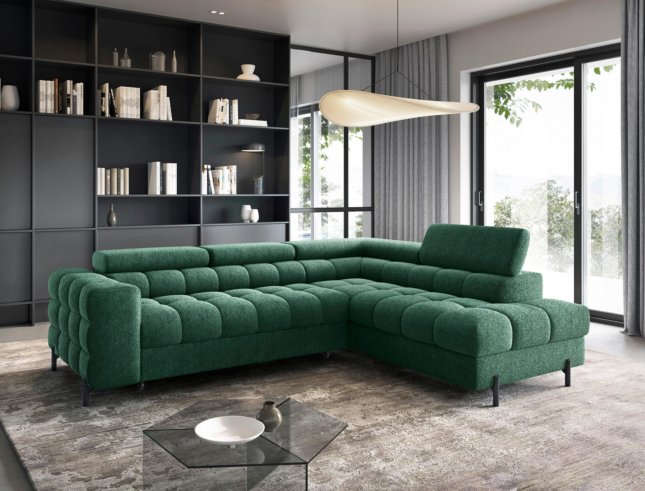 ECKSOFA FERUCCE Dunkelgrün Teddystoff Bettkasten, Kopfteilverstellung  - Dunkelgrün/Schwarz, Design, Textil/Metall (276/200cm) - MID.YOU