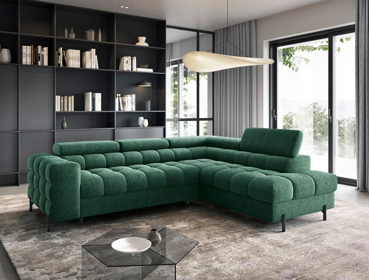 ECKSOFA FERUCCE Dunkelgrün Teddystoff Bettkasten, Kopfteilverstellung  - Dunkelgrün/Schwarz, Design, Textil/Metall (276/200cm) - MID.YOU