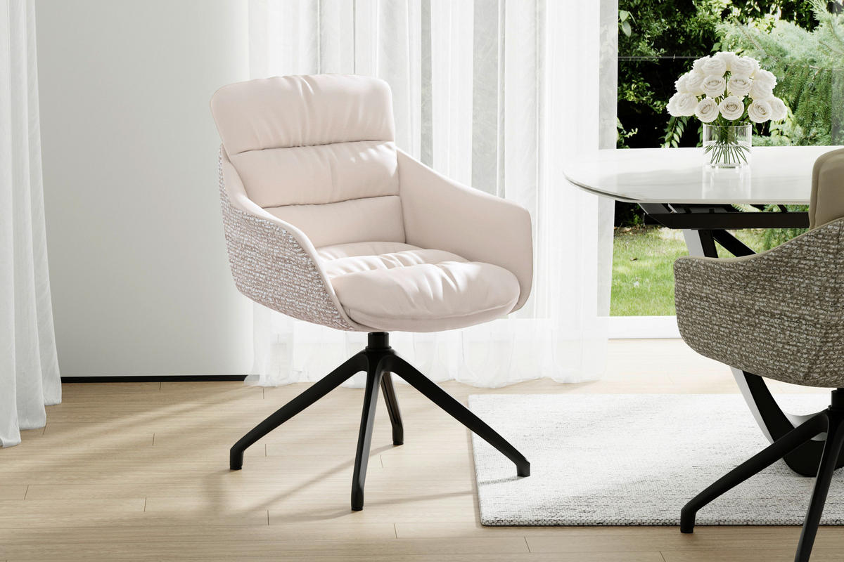 ARMLEHNSTUHL  Sitzfläche 360° drehbar, inklusive Armlehnen, automatische Rückholfunktion Webstoff Echtleder  - Beige/Schwarz, Design, Leder/Textil (62/85,5/65cm) - Dieter Knoll