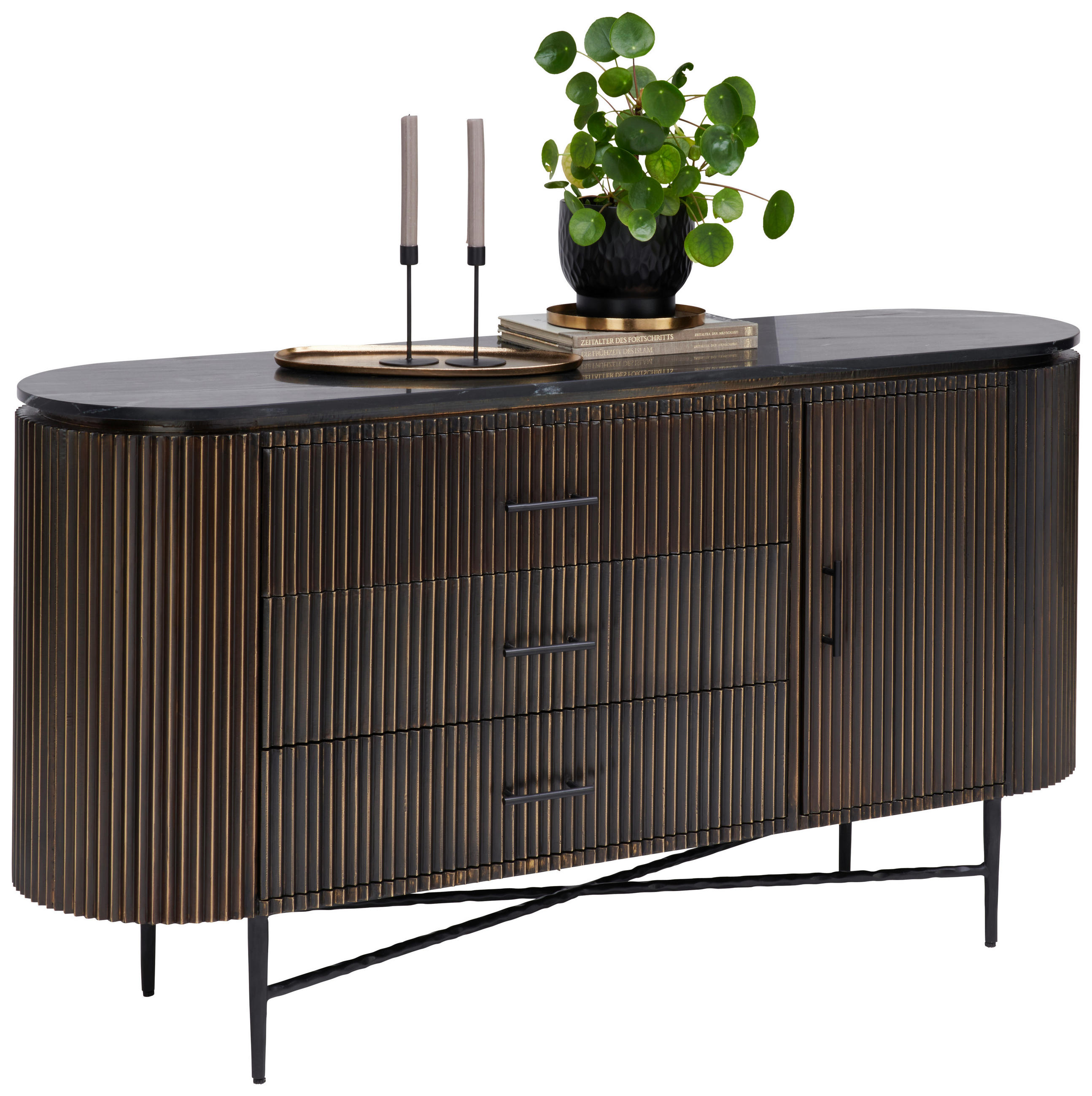 TÁLALÓSZEKRÉNY 150/80/40 cm  - fekete/sárgaréz, Trend, faalapú anyag/kő (150/80/40cm) - Ambia Home