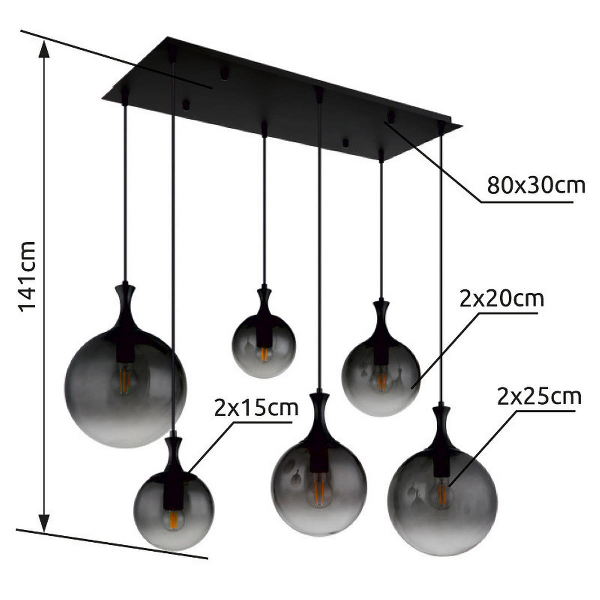 HÄNGELEUCHTE 97/48/141 cm    - Schwarz, Design, Glas/Kunststoff (97/48/141cm) - Globo