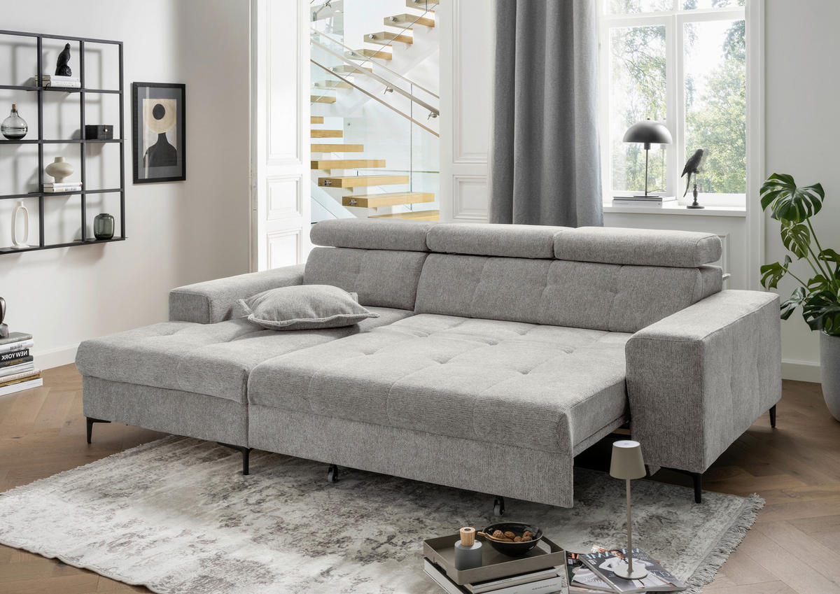 ECKSOFA NEAPEL Grau Chenille Zierkissen, Nierenkissen, Schlaffunktion, Kopfteilverstellung, Stauraum  - Schwarz/Grau, Basics, Textil/Metall (186/270cm) - Livetastic