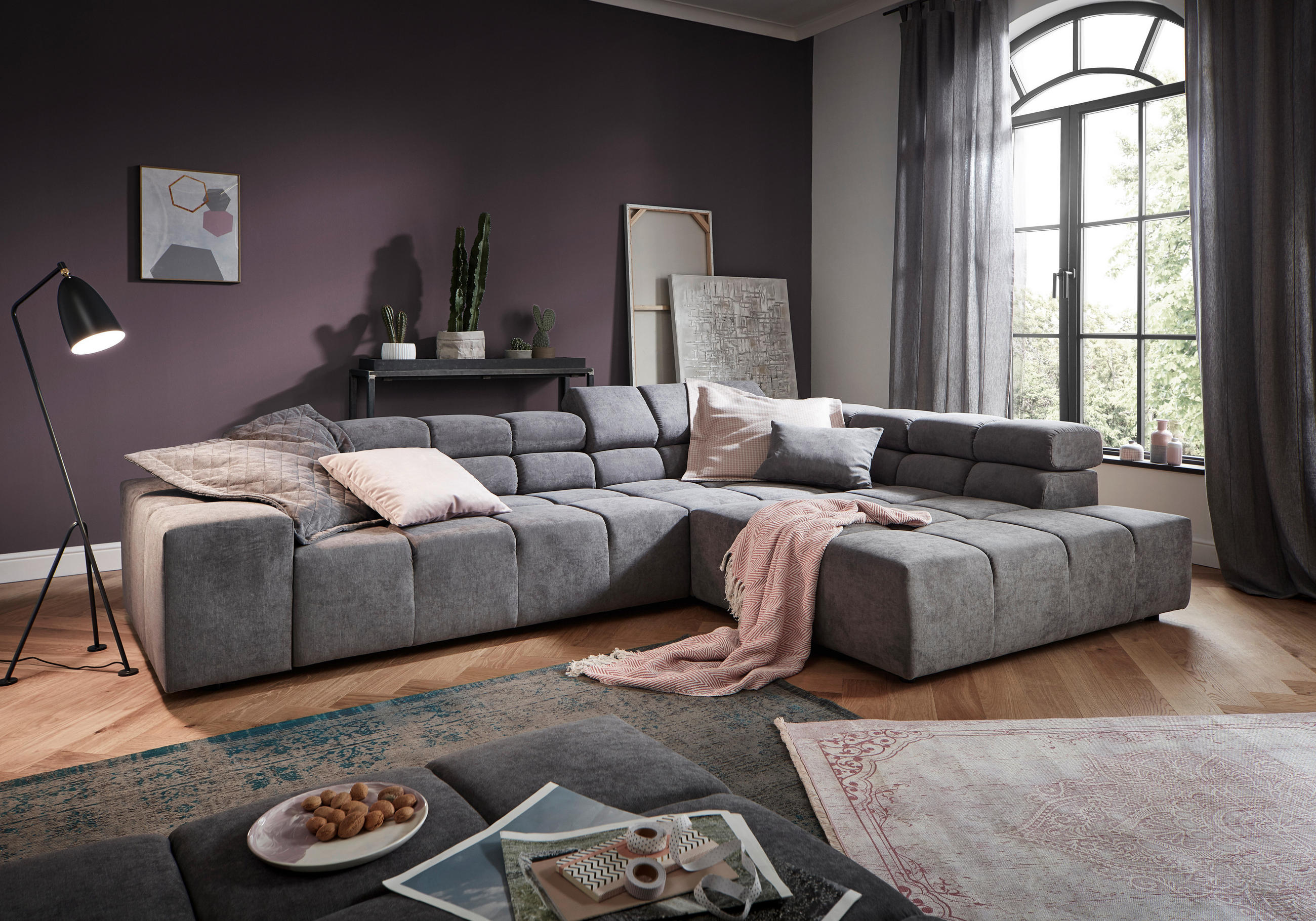 ECKSOFA Grau Velours  - Schwarz/Grau, Design, Kunststoff/Textil (317/213cm) - Hom`in