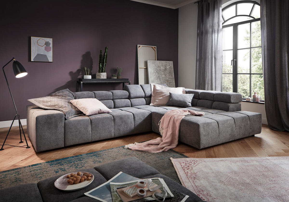 ECKSOFA in Velours Grau  - Schwarz/Grau, Design, Kunststoff/Textil (317/213cm) - Hom`in
