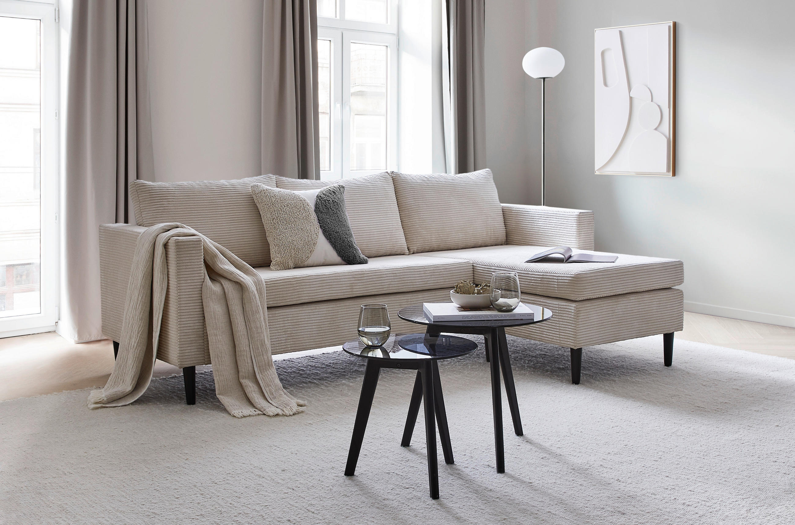 ECKSOFA Beige Cord  - Beige/Schwarz, KONVENTIONELL, Holz/Textil (218/150cm) - Boxxx
