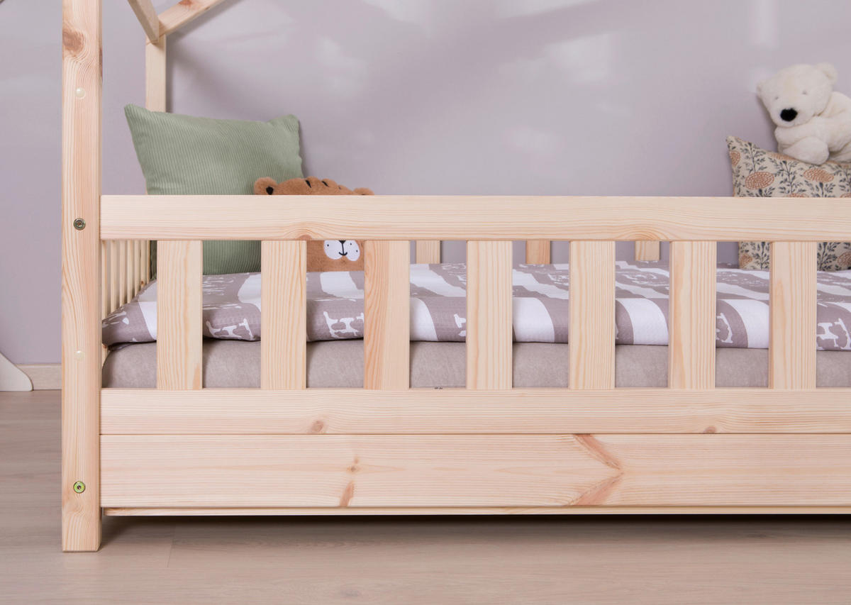 HAUSBETT 100/200 cm,  in Naturfarben, Absturzsicherung, Matratze, Rollrost, Bettkasten  - Naturfarben, MODERN, Holz/Textil (100/200cm) - MID.YOU