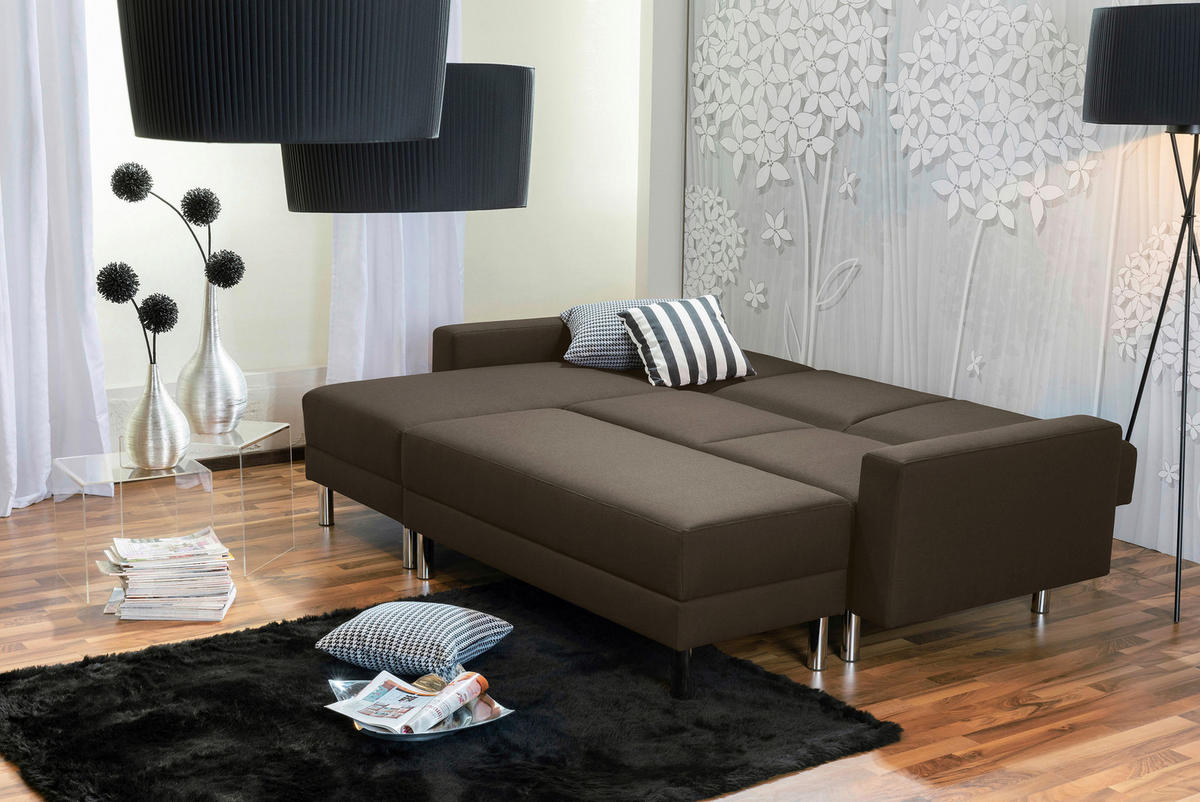 ECKSCHLAFSOFA inkl. Hocker in Braun Textil   - Chromfarben/Braun, Konventionell, Textil/Metall (152/230cm) - Max Winzer