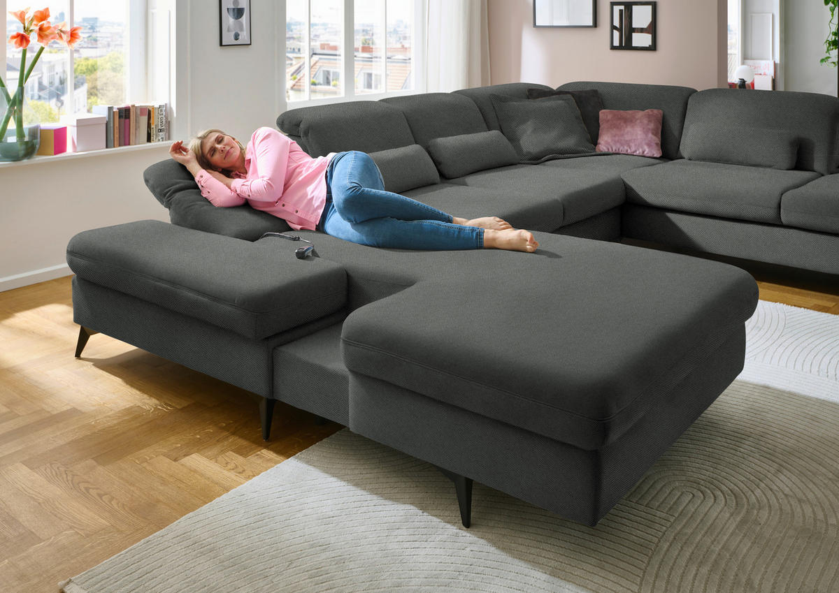 WOHNLANDSCHAFT  in Chenille Grau  - Schwarz/Grau, Design, Textil/Metall (198/364/255cm) - Beldomo Style