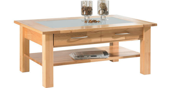 COUCHTISCH Kernbuche vollmassiv Milchglas 110/70/45 cm rechteckig Buchefarben  - Buchefarben, Design, Glas/Holz (110/70/45cm) - Linea Natura
