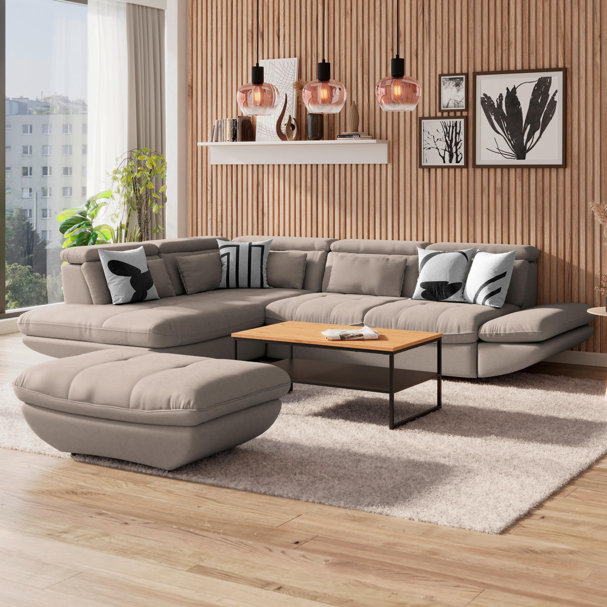 WOHNLANDSCHAFT in Mikrofaser Beige  - Beige/Schwarz, Modern, Kunststoff/Textil (311/233cm) - MID.YOU