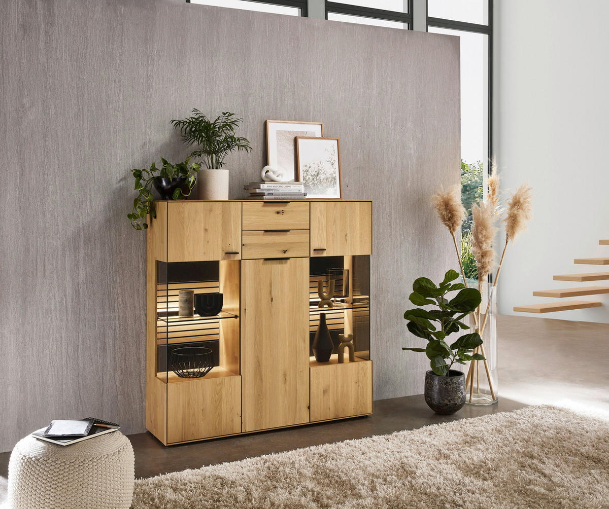 HIGHBOARD Wildeiche  136,9/138,3/37,1 cm  - Wildeiche/Dunkelgrau, Natur, Glas/Holz (136,9/138,3/37,1cm) - Valdera
