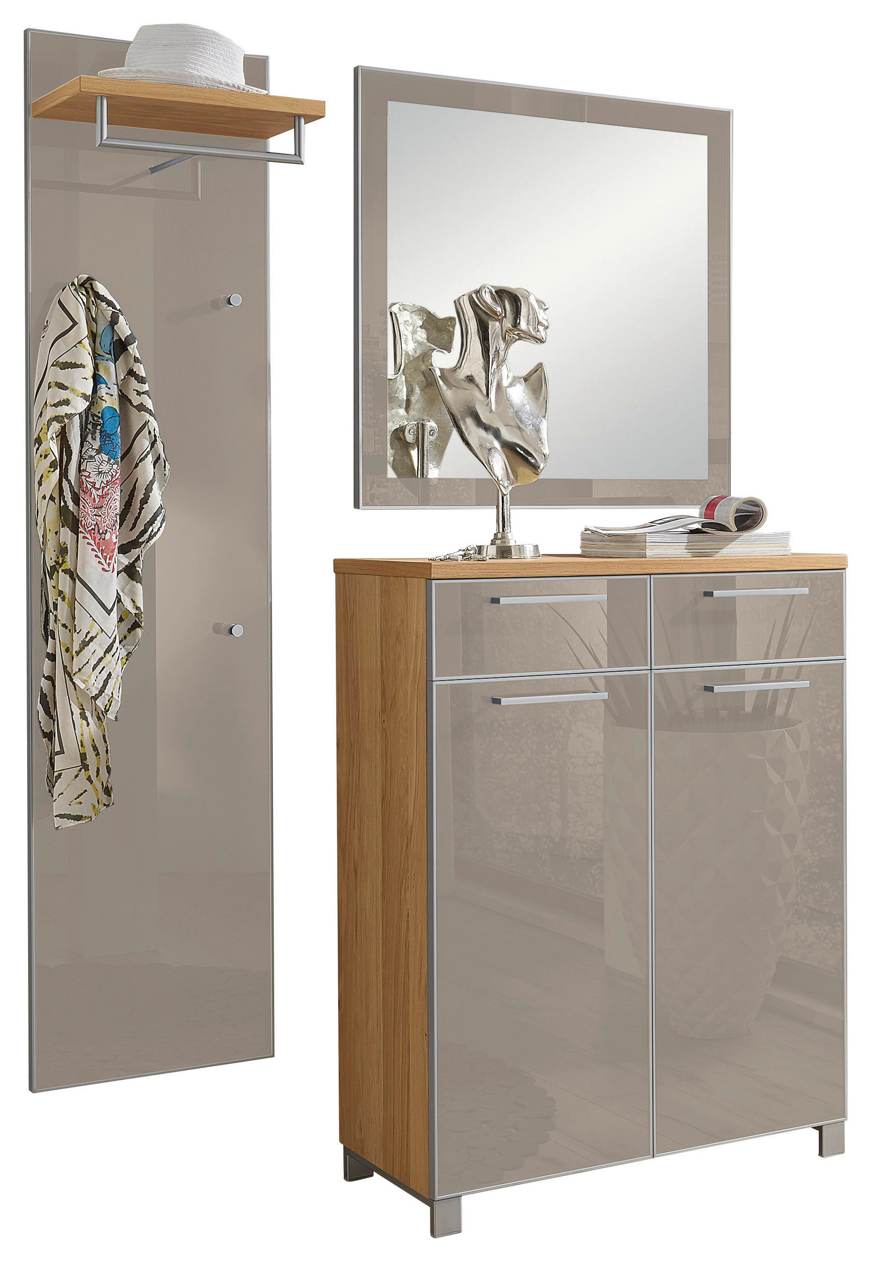 GARDEROBE 3-teilig 135/195/37 cm  - Taupe/Eichefarben, Design, Glas/Holz (135/195/37cm)