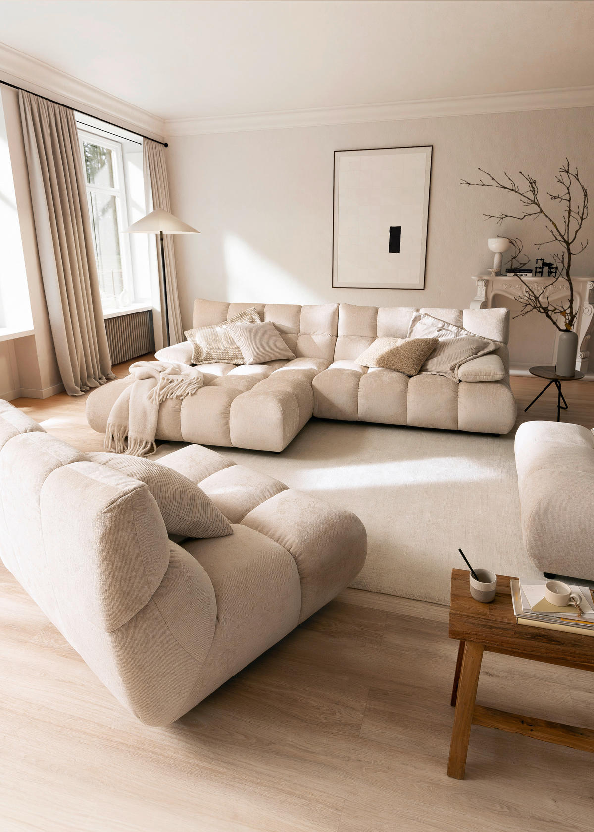 ECKSOFA Chenille Naturfarben  - Schwarz/Naturfarben, Design, Kunststoff/Textil (178/293cm) - Pure Home Lifestyle
