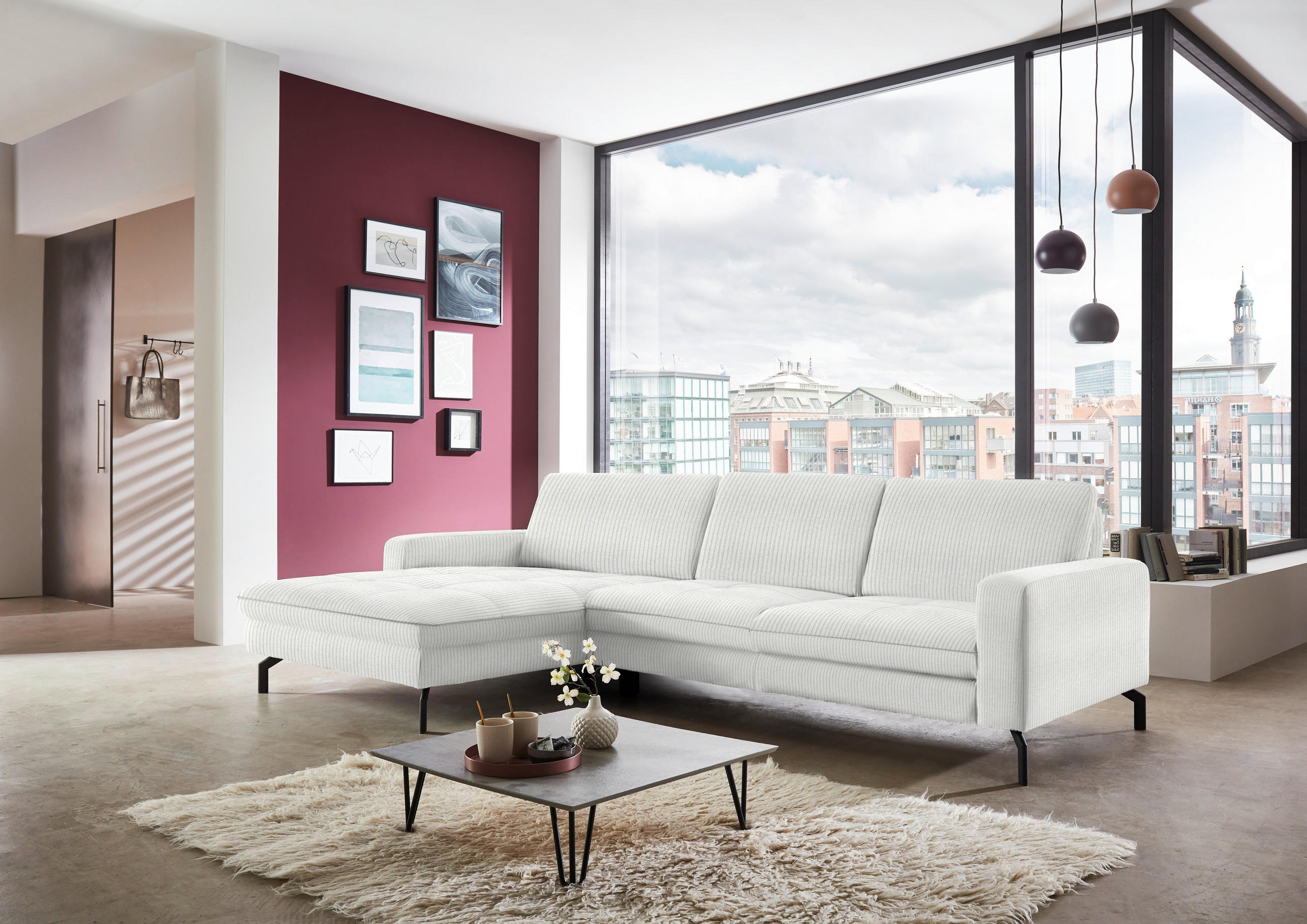 ECKSOFA in Cord Ecru  - Ecru/Schwarz, Design, Textil/Metall (179/302cm) - Beldomo Style