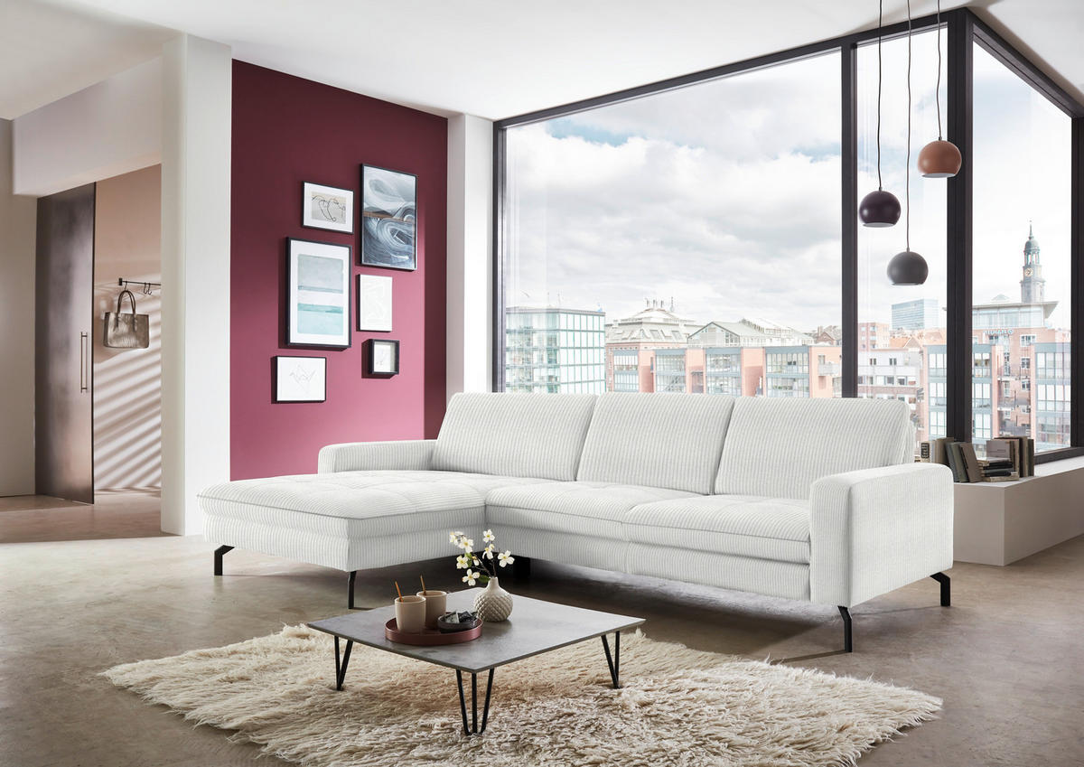 ECKSOFA in Cord Ecru  - Ecru/Schwarz, Design, Textil/Metall (179/302cm) - Beldomo Style