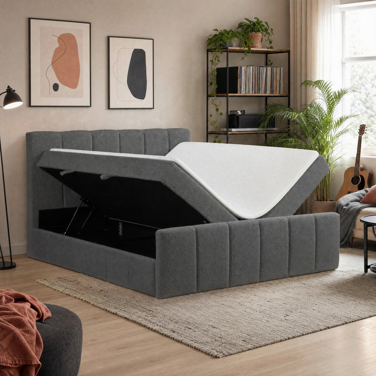 BOXBETT 180/200 cm,  in Anthrazit, gepolstertes Kopfteil, Bettkasten, Topper, Matratzen, H3 + H3 = fest  - Anthrazit/Schwarz, Basics, Kunststoff/Textil (180/200cm) - Chameo