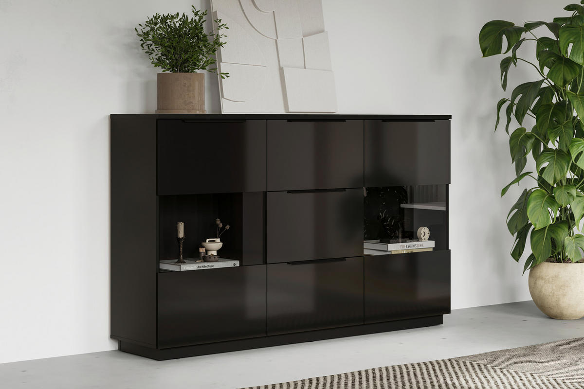 HIGHBOARD Tuluza 180/109,2/40,5 cm 3 Schublade(n)  - Schwarz Hochglanz/Schwarz, Design, Glas/Holzwerkstoff (180/109,2/40,5cm) - MID.YOU
