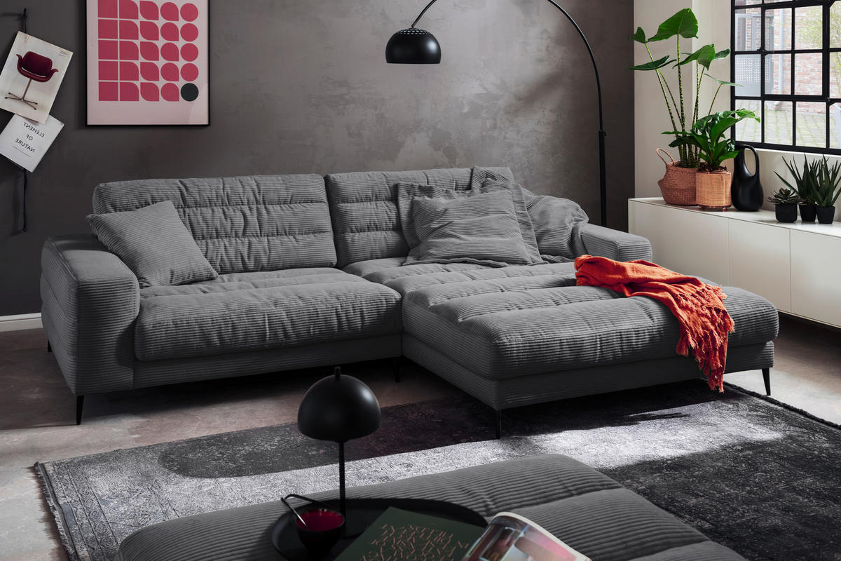 SEDEŽNA GARNITURA, rebrasti žamet temno siva  - temno siva/črna, Design, kovina/tekstil (296/207cm) - Pure Home Lifestyle