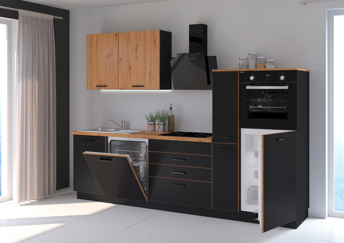 KUHINJSKI BLOK BREZ APARATOV - črna/hrast artisan, Design, umetna masa/leseni material (280cm) - P & B