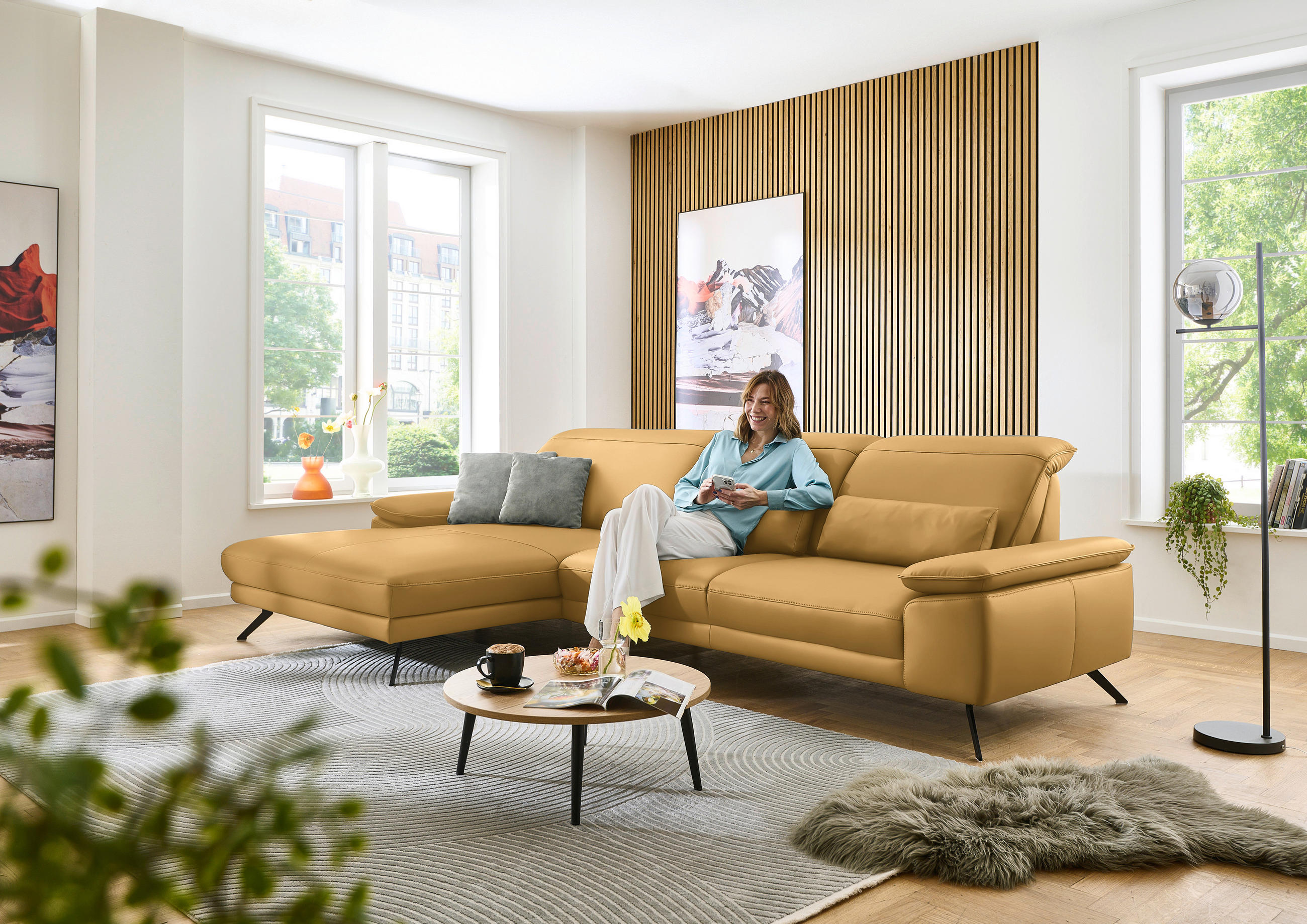 ECKSOFA in Echtleder Gelb  - Gelb/Schwarz, Design, Leder/Metall (193/332cm) - Dieter Knoll