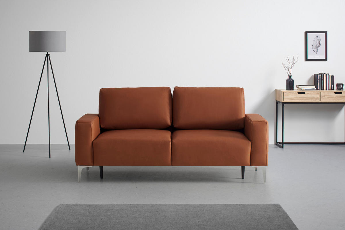 3-SITS SOFFA i läderimitation (vegan) cognacfärgad  - kromfärg/cognacfärgad, Modern, metall/textil (182/85/92cm) - MID.YOU