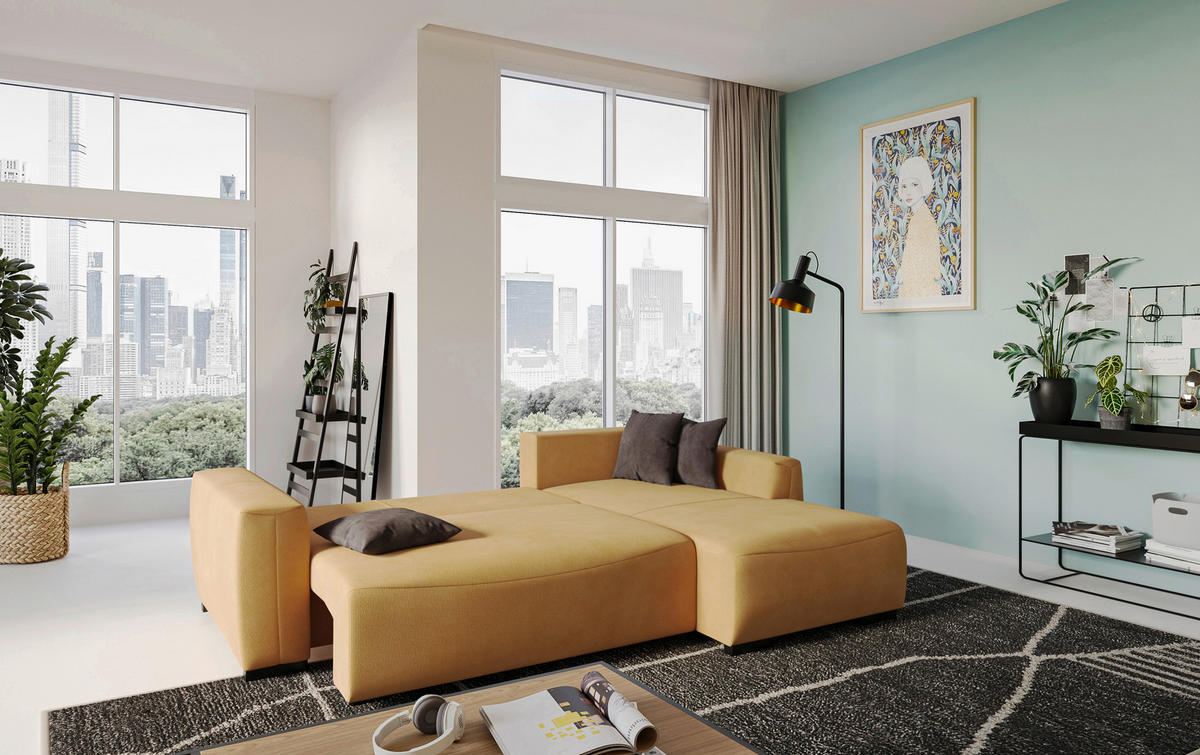 ECKSOFA  in Mikrofaser Senfgelb  - Senfgelb/Schwarz, Trend, Kunststoff/Textil (252/170cm) - MID.YOU