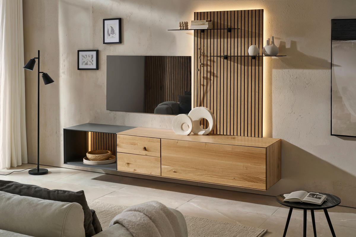 WOHNWAND 3-teilig  in Anthrazit, Eichefarben  261/160/50 cm  - Eichefarben/Anthrazit, Design, Glas/Holz (261/160/50cm) - Dieter Knoll